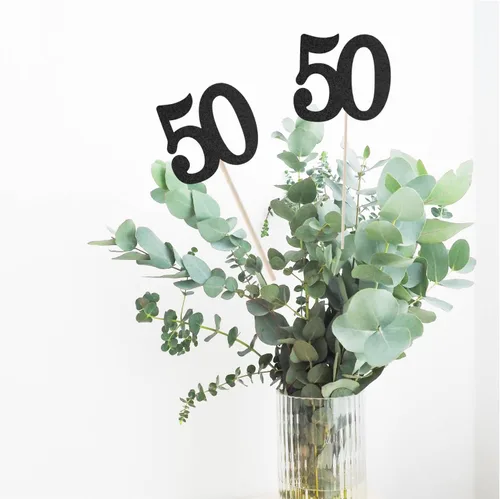 Vista 3 de Paquete de 10 palitos de centro de mesa de aniversario con purpurina de doble cara para cumpleaños número 50, decoración de mesa para fiesta de Negro