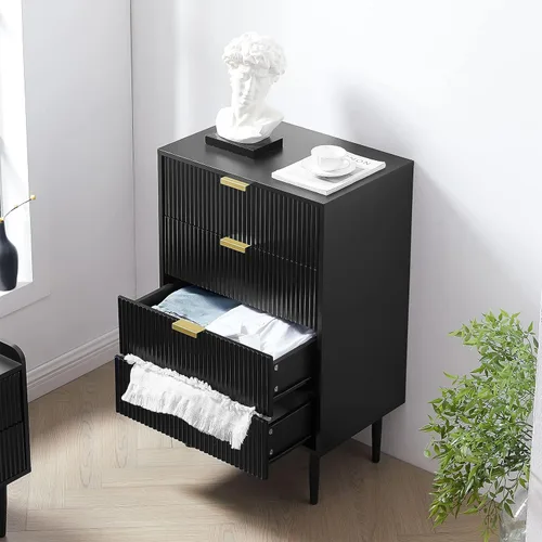 Vista 3 de Okvnbjk Cómoda de 4 cajones para dormitorio, cómoda de madera negra con asas de metal, cómodas altas y cómodas, armario de almacenamiento