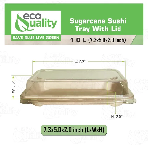 Vista 3 de EcoQuality Bandejas grandes compostables para sushi con tapas, contenedor de sushi natural de caña de azúcar, biodegradable, plato de sushi