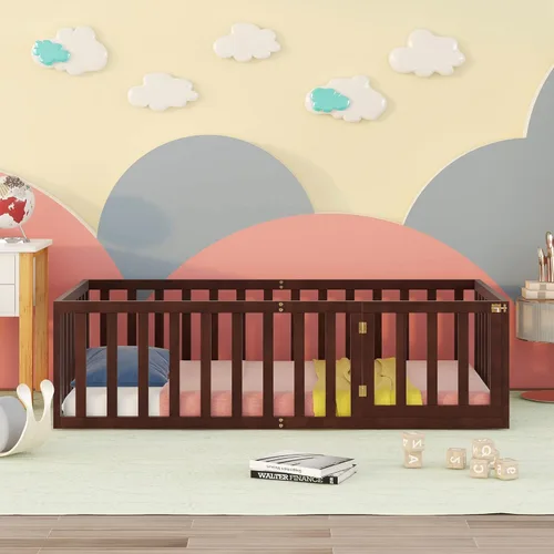 Vista 3 de Merax Marco de cama de piso de madera de tamaño individual con valla y puerta (nogal)