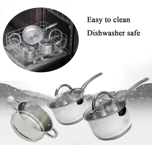 Vista 3 de Cacerola de acero inoxidable Tapa de vidrio Fundición Mango de acero Inducción Impacto Bonded 8 PCS Set Vapor