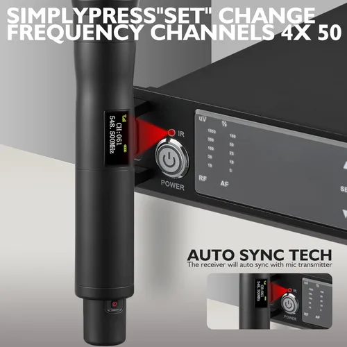 Vista 6 de Sistema de micrófono inalámbrico, micrófono inalámbrico de canal cuádruple, con frecuencias UHF de 4 x 50, escaneo automático, alcance de 328 pies