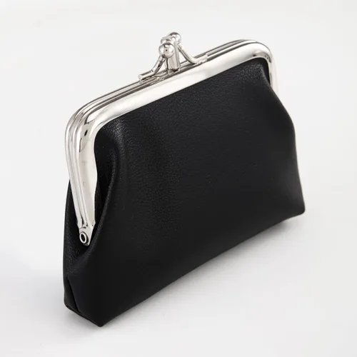 Vista 3 de Monedero de doble capa para mujeres y niñas, de piel sintética, con cierre de beso, mini cartera para llaves, tarjetero, Negro