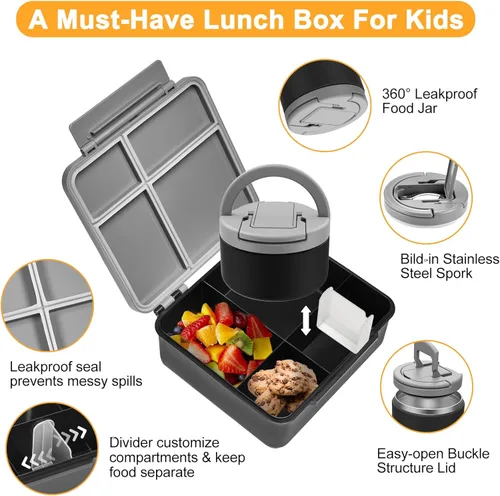 Vista 2 de MAXSO Set de Lonchera Bento para Niños con Termo de Sopa de 8 oz, Envase para Comida Caliente a Prueba de Fugas con 4 Compartimentos, Tarro