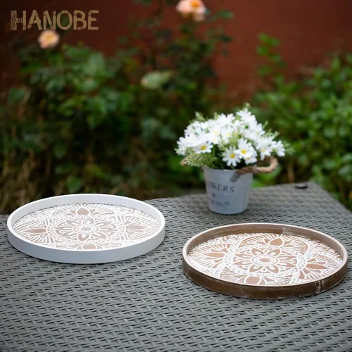 Vista 7 de Hanobe Bandeja decorativa redonda para mesa: bandejas de mesa de café boho para decoración del hogar – Medio siglo Farmhouse Circle Wood Serving