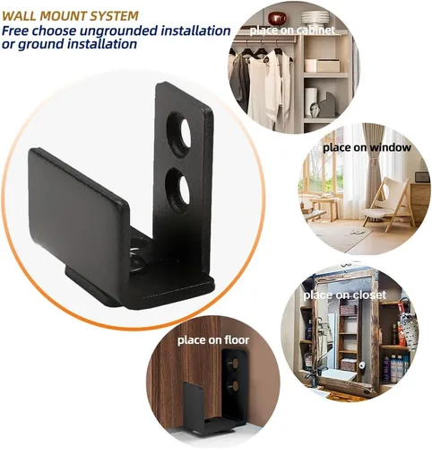 Vista 7 de Yahpetes Guía de piso inferior para puerta de granero, 1 guía de piso ajustable en forma de U, guía de pared montada para puerta de granero