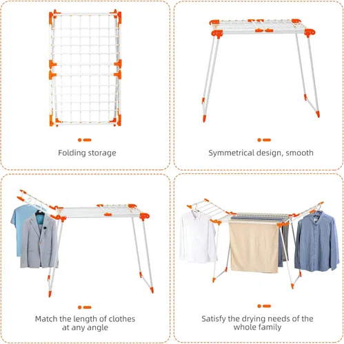 Vista 3 de Estante de secado de ropa, estante de lavandería Gullwing, plegable, ahorra espacio, con clips para calcetines, para ropa, toallas, ropa de cama