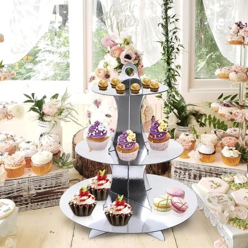 Vista 2 de Soleebee Soporte redondo de 3 niveles para cupcakes, torre de cartón para cupcakes, torre de postre para decoración de cumpleaños, bodas, fiestas, 1