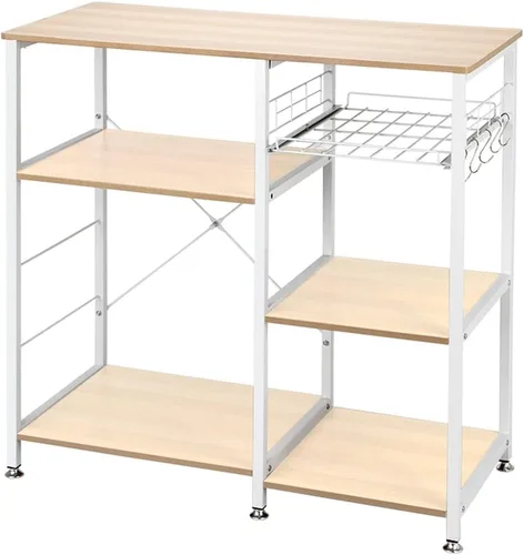 Vista 7 de Isla de cocina con almacenamiento, estante de panadería de pie, estación de mesa de barra de café, soporte para horno de microondas, estación
