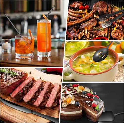 Vista 6 de Juego de cubiertos negros de 69 piezas con cuchillo de carne para 8, cubiertos de acero inoxidable, cucharas y tenedores de pulido de espejo