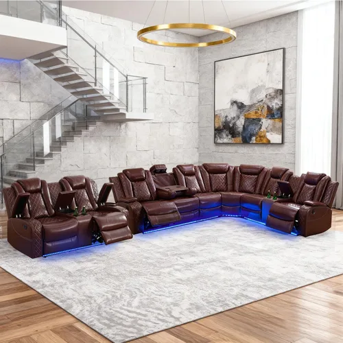 Vista 10 de Juego de sofá modular reclinable eléctrico para sala de estar, juego de sofá reclinable de cuero con luces LED / almacenamiento oculto, sofá en Beige