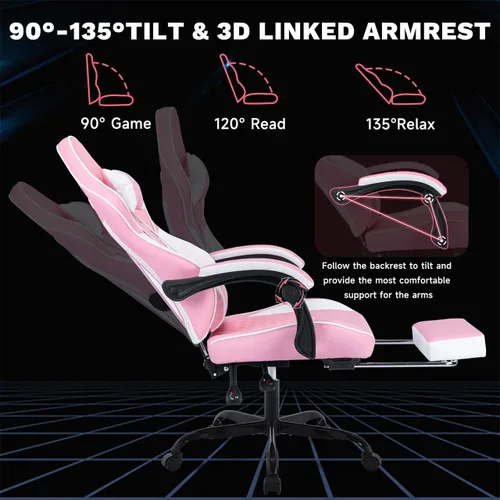 Vista 7 de Silla de escritorio para juegos para adultos, silla ergonómica rosa para juegos Rosa + blanco