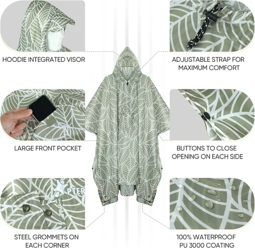 Vista 2 de PTEROMY - Poncho de lluvia con capucha para adultos, con bolsillo, impermeable, ligero, unisex, para senderismo, campamentos, emergencias