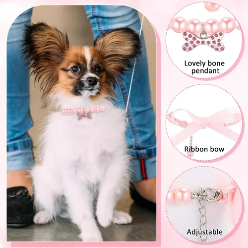 Vista 3 de Hicarer Juego de 2 collares de perlas y collar de perlas para perros pequeños y gatos, lindos collares de piel sintética para mascotas, collar