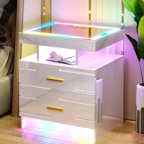 Vista 31 de HNEBC Mesita de noche LED, mesita de noche negra con estación de carga, USB + tipo C + carga inalámbrica, mesita de noche inteligente con sensor