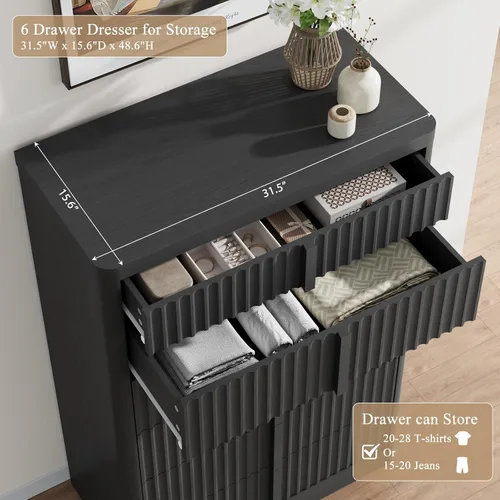 Vista 4 de Cómoda acanalada para dormitorio, cómoda de 6 cajones de 48 pulgadas de alto, cómoda moderna con mango de madera maciza, diseño de perfil curvo