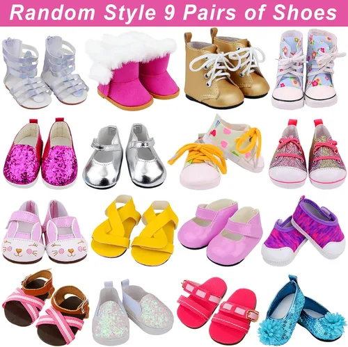 Vista 2 de Ecore Fun Los accesorios para muñecas de 18 pulgadas incluyen 9 pares de zapatos de estilo aleatorio para muñecas de 18 pulgadas, incluyendo botas