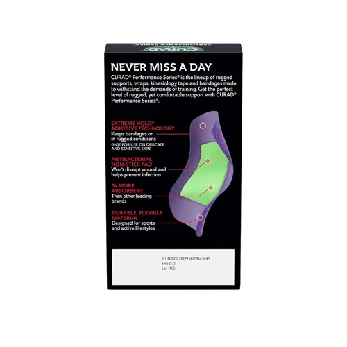 Vista 3 de CURAD Performance Series - Vendajes antibacterianos, tecnología adhesiva de sujeción extrema, vendajes de tela flexible extra grandes para cortes