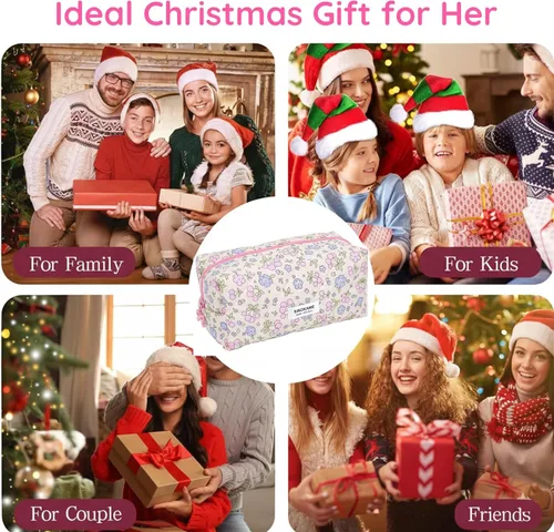 Vista 4 de SINOKAME Lindas bolsas de maquillaje de coqueta floral, Frutos de flores beige, Lindo y estético