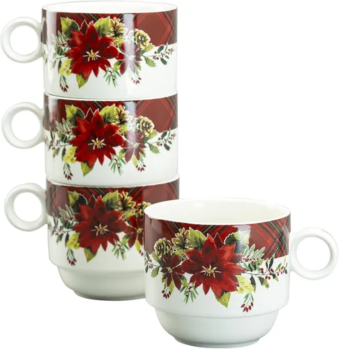 Vista 5 de Juego de 4 tazas apilables de café y té de 10 onzas con soporte de metal (Poinsettia)