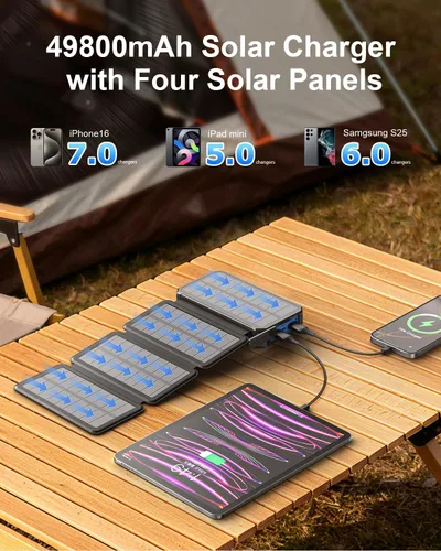 Vista 2 de Cargador solar de 49800 mAh, cargador de teléfono portátil inalámbrico integrado, 4 cables y 4 paneles solares, 12 W QC3.0 carga rápida USB-C