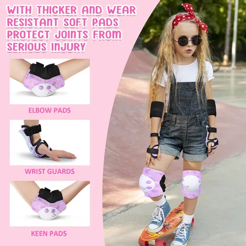 Vista 2 de Rodilleras para niños y niñas, conjunto de rodilleras ajustables y coderas con protector de muñeca para niñas y niños pequeños, patines