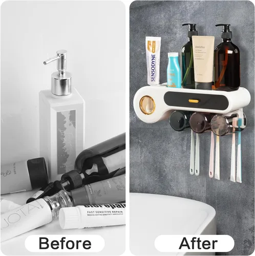 Vista 5 de Soporte de pared para cepillo de dientes con cajones grandes dispensador automático de pasta de dientes exprimidor y ahorro de espacio para baño