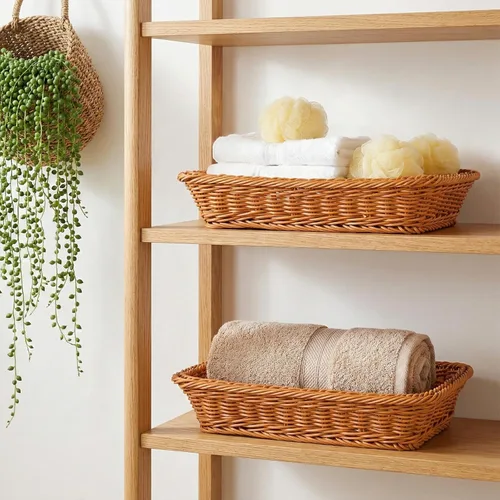 Vista 8 de DEAYOU Paquete de 2 cestas de pan de imitación de ratán con tapa, cesta tejida de mesa para servir alimentos, cesta de frutas de polietileno