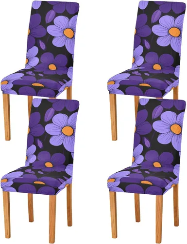 Simple Purple Flowers Black Background Decorative Chair Cover for Bedroom Washable Club Chair Cover fundas para sillas de comedor Set of 4