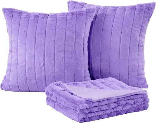 Vista 13 de Home Soft Things Manta de piel sintética de conejo (60 x 80 pulgadas) y 2 fundas de almohada (18 x 18 pulgadas), juego de 3 almohadas plateadas