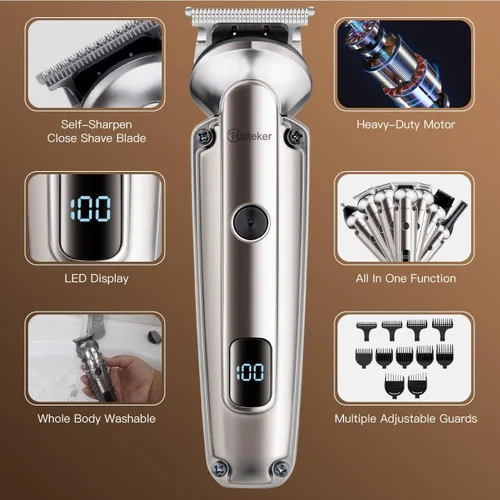 Vista 3 de Hatteker Cortadora de barba para hombres, maquinilla de afeitar eléctrica impermeable, cortadora de pelo inalámbrica, kit de afeitado para nariz