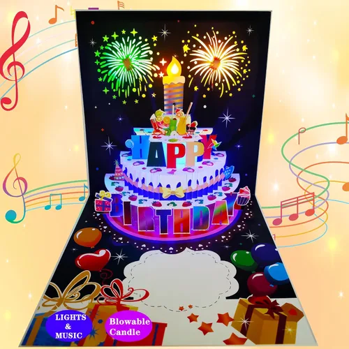 Vista 26 de Tarjetas de cumpleaños 3D desplegables, reproducción automática 3D de colores cambiables, música ligera, tarjetas de pastel de cumpleaños emergentes