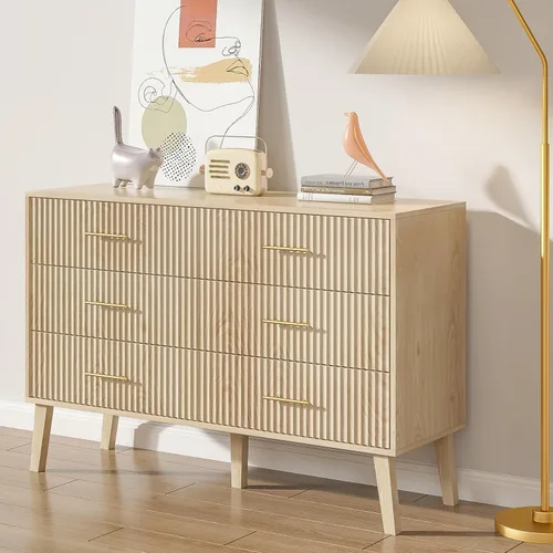 Vista 3 de Fiogmub Cómoda Accent de 6 cajones, cómoda moderna con panel estriado, sala de estar, dormitorio, cuarto de bebé, entrada y pasillo (roble)