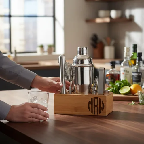 Vista 2 de Juego de coctelera personalizada de 12 piezas con soporte de bambú, kit de barman de mixología, coctelera de Martini y herramientas profesionales