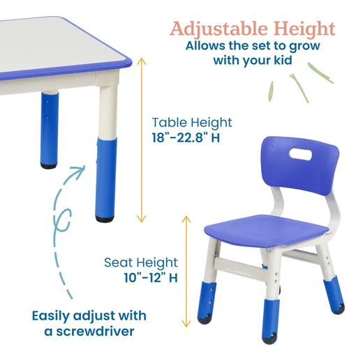 Vista 5 de ECR4Kids Mesa de actividades cuadrada de borrado en seco con 2 sillas, ajustable, muebles para niños, azul, 3 piezas