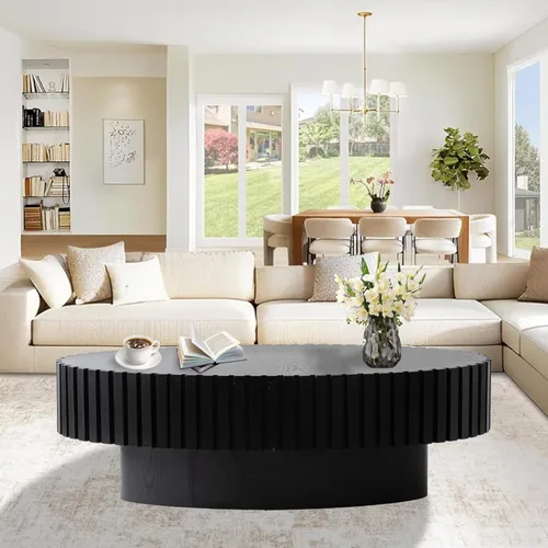 Oval Drum Coffee Table, Fluted Modern Unique Tea Tables, Center Tables for Living Room, Small Space, Apartment, Farmhouse