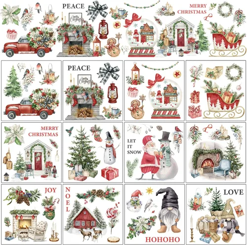Whaline 12 hojas de calcomanías de transferencia con diseño navideño clásico de acuarela, incluye muñeco de nieve, gnomo, Santa Claus, flores de