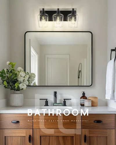 Vista 4 de Lámparas de baño, lámpara de tocador moderna de 3 luces con pantalla en forma de copa de vino de vidrio transparente, accesorios de iluminación Negro