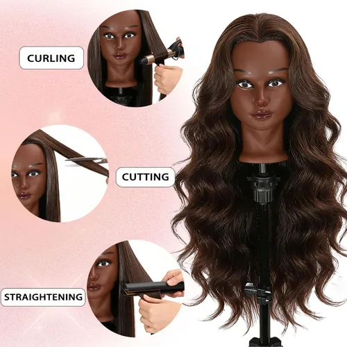 Vista 2 de Cabeza de maniquí con 80% de cabello humano para práctica de peinado, 66-71 cm de cabello liso, cabeza de entrenamiento para cosmetología, barbería