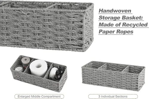 Vista 2 de StorageWorks Cestas de mimbre de 3 secciones para estantes, cestas de almacenamiento de cuerda de papel redondas tejidas a mano, gris, paquete de 2