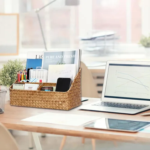 Vista 6 de BTSKY Cesta de almacenamiento tejida de mimbre vertical de hierba marina natural con 4 compartimentos, organizadores de escritorio y soporte