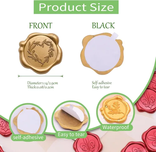 Vista 6 de SWANGSA 50 calcomanías de sello de cera de corazón con rama de olivo, sellos de sobres de invitación de fiesta de boda de oro antiguo, calcomanías