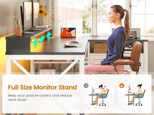 Vista 7 de SEDETA Escritorio esquinero para computadora, escritorio de juegos en forma de L de 55" con cajones de almacenamiento y toma de corriente