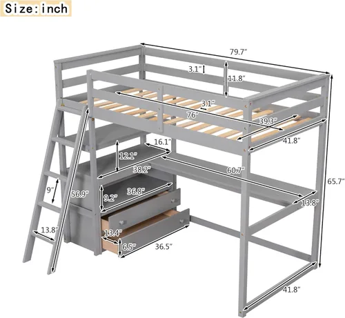 Vista 45 de Cama tipo loft de tamaño individual con estantes y escritorio, marco de cama de madera con escalera inclinada y barandilla de seguridad, adecuada