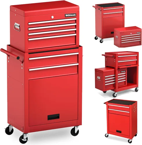 Vista 20 de IRONMAX Caja de herramientas con ruedas, armario de herramientas con cerradura de 5 cajones con estante ajustable y 4 ruedas universales, caja