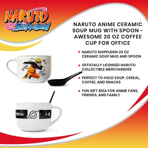 Vista 7 de JUST FUNKY Naruto Anime - Taza de sopa de ramen de cerámica con cuchara Taza de café de 20 onzas con Naruto Tazón de anime Decoración