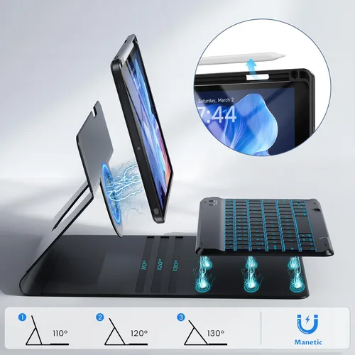 Vista 5 de OYEEICE Funda de teclado para iPad 6ª/5ª generación de 9.7 pulgadas, teclado inalámbrico desmontable retroiluminado de 7 colores, cubierta magnética