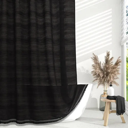 Vista 12 de Cortina de Ducha Pequeña para Cabina Estilo Boho Granja con Borla, Conjunto de Cortina de Ducha de Baño de Lino Bohemio Francés Rústico Elegante