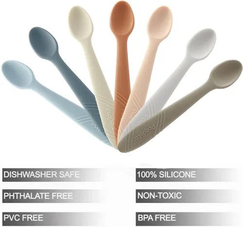Vista 6 de PandaEar 7 Pack de cucharas de silicona para alimentación de bebé, cucharas de entrenamiento de primera etapa, utensilios de alimentación