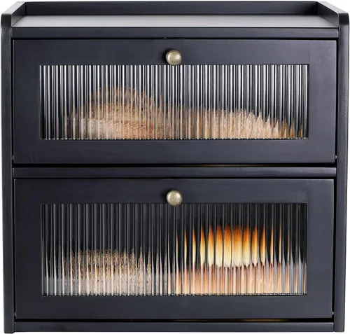 Vista 11 de Sunhoo Panera para encimera de cocina, contenedor de almacenamiento de pan de madera, contenedor de almacenamiento de pan de 2 capas, soporte